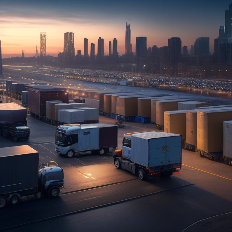 A futuristic cityscape at dusk with sleek, electric trucks of various brands parked in front of warehouses, surrounded by delivery drones and robots, with cargo boxes and packages stacked high.