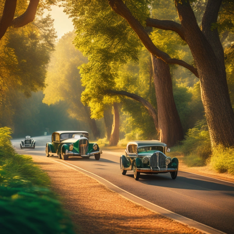 A sun-drenched, winding road lined with lush green trees, with five rare vintage cars in vibrant colors, driving in a staggered formation, kicking up dust and leaves in their trail.