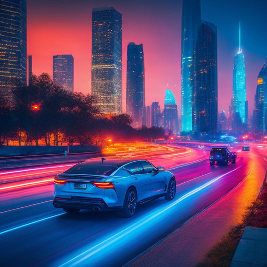 A futuristic cityscape at dusk, with sleek, glowing electric GMC vehicles zipping by, amidst neon-lit skyscrapers and winding roads, with a subtle, futuristic glow emanating from the vehicles.