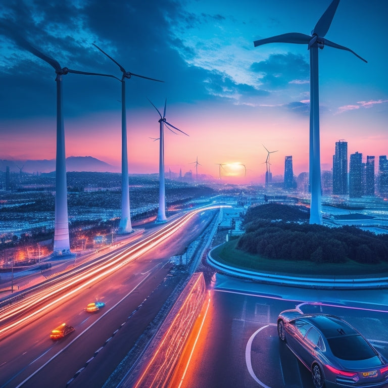 A futuristic cityscape at dusk with sleek, glowing electric cars zooming past neon-lit skyscrapers, their headlights casting a warm glow on the dark asphalt, amidst a backdrop of wind turbines and solar panels.