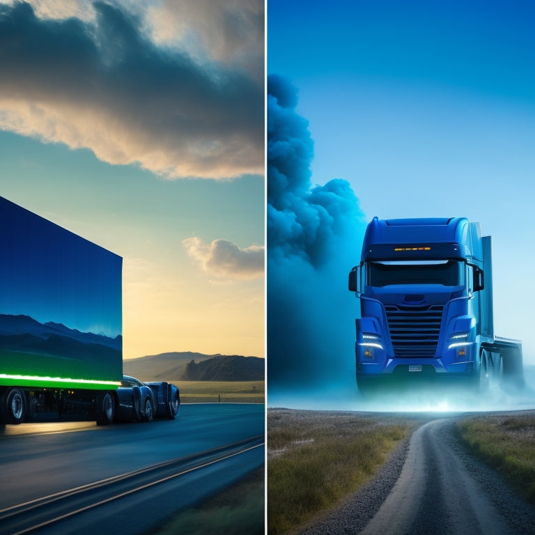 A split-screen image: a diesel truck spewing smoke and pollution on the left, and a sleek, futuristic electric truck with a bright blue glow and a green landscape on the right.