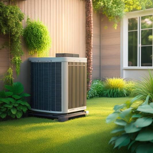 An illustration of a well-maintained ground source heat pump system, showcasing a tidy outdoor unit surrounded by lush greenery, with clean pipes and a sleek indoor unit in the background.