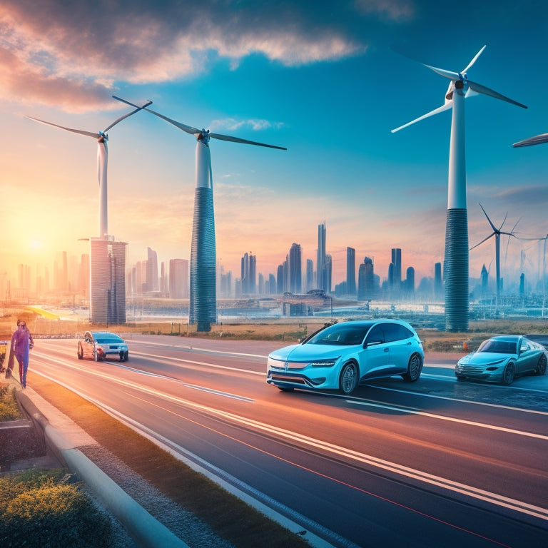 An illustration of a futuristic cityscape with sleek, eco-friendly electric vehicles zooming by, surrounded by wind turbines, solar panels, and charging stations, with a subtle glow of electric blue hues.