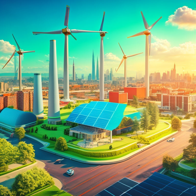 A stylized illustration of a cityscape with buildings and factories, surrounded by wind turbines and solar panels, with bright greenery and a sunny sky, conveying a sense of sustainability and innovation.