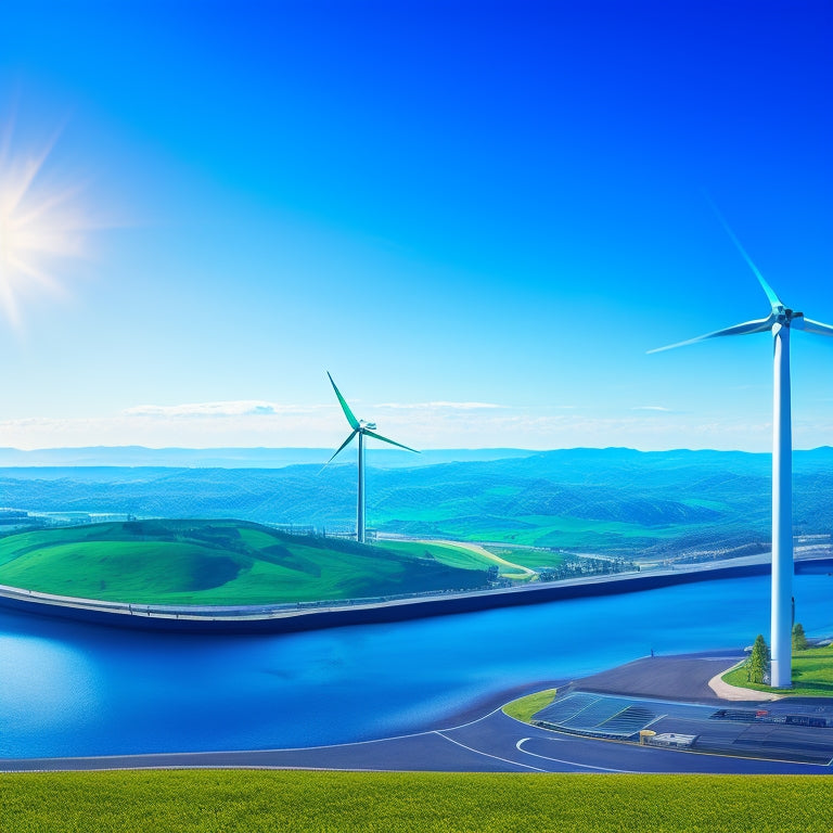 An illustration featuring a stylized European continent outline with electric vehicle silhouettes, charging stations, and wind turbines, set against a blue and green gradient background, conveying innovation and sustainability.