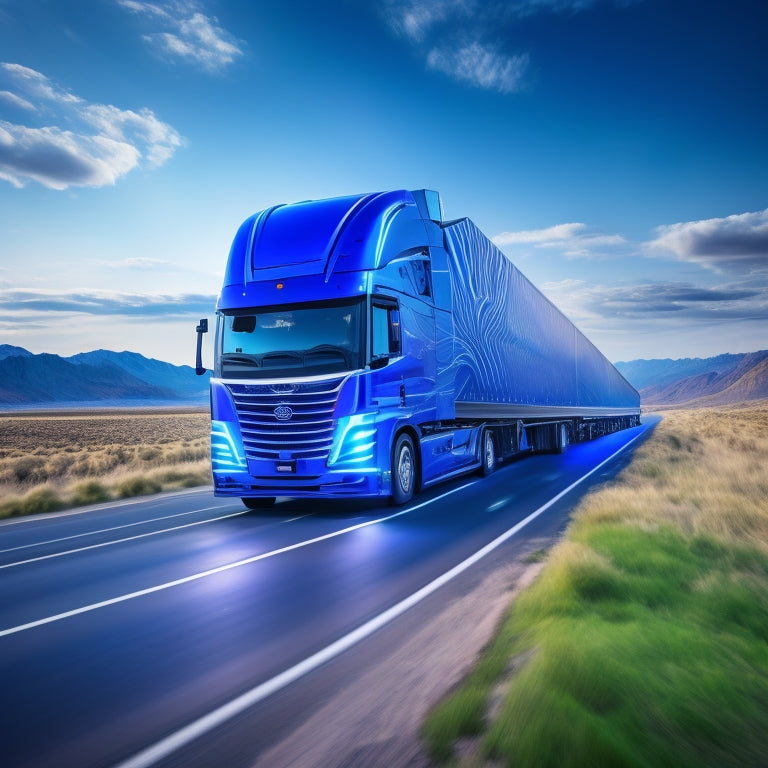 A futuristic, high-contrast illustration of a sleek, silver electric truck accelerating on a winding road, surrounded by stylized, swirling blue electricity bolts and greenery, set against a dark, gradient blue sky.