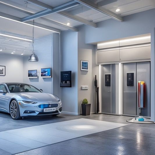 A modern home's garage interior with a sleek, silver electric vehicle parked beside a wall-mounted charging station, surrounded by a futuristic smart home energy management system display.