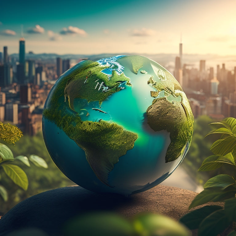 A stylized globe with bright, swirling climate lines and subtle city skylines in the background, surrounded by leaves and vines, symbolizing urban harmony with nature.