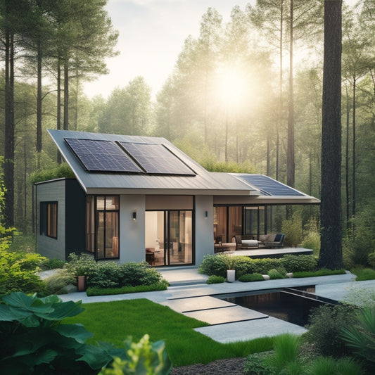 A serene, modern home with large windows, surrounded by lush greenery, featuring a sleek solar panel array on the roof, connected to a compact, high-efficiency HVAC unit.