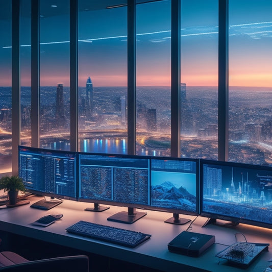 A futuristic control room with a large, curved screen displaying a cityscape at dusk, with colorful, pulsing lines and dots representing real-time energy data, surrounded by sleek, minimalist workstations.