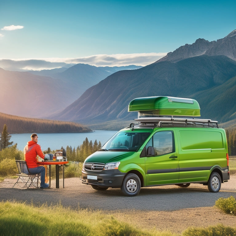 A bright green van parked on a sunny day, surrounded by essential items like camping gear, coolers, and outdoor equipment, with a subtle cityscape or mountain range in the background.