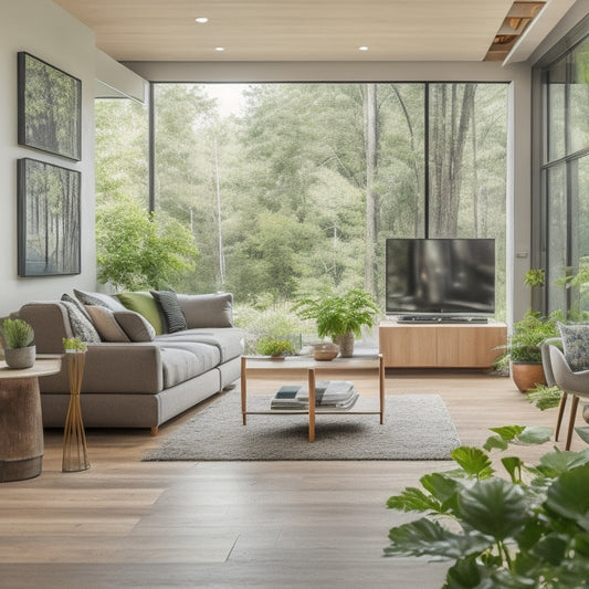 A serene, modern living room with a sleek EV charging station in the corner, surrounded by lush greenery, reclaimed wood accents, and large windows overlooking a tranquil, eco-friendly backyard oasis.