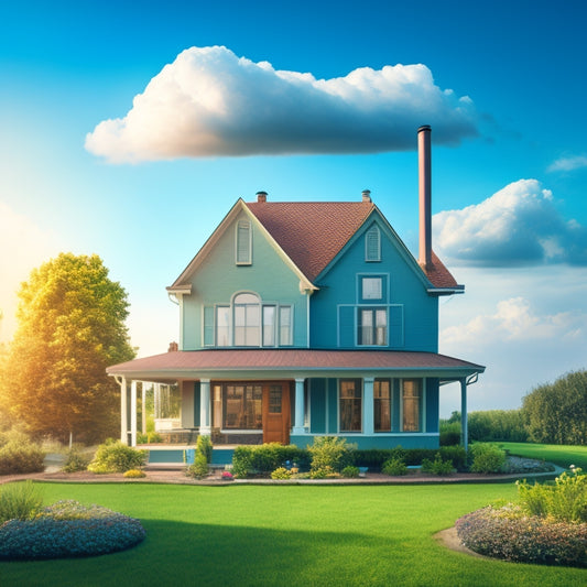 An illustration of a house with a correctly sized HVAC system, surrounded by green leaves and a bright blue sky, contrasting with a neighboring house with an oversized unit, surrounded by pollution and dark clouds.