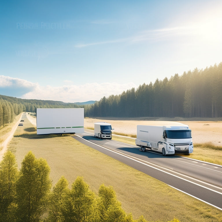 A futuristic highway with sleek, electric trucks parked at a solar-powered charging station, surrounded by verdant trees and a bright blue sky with fluffy white clouds.