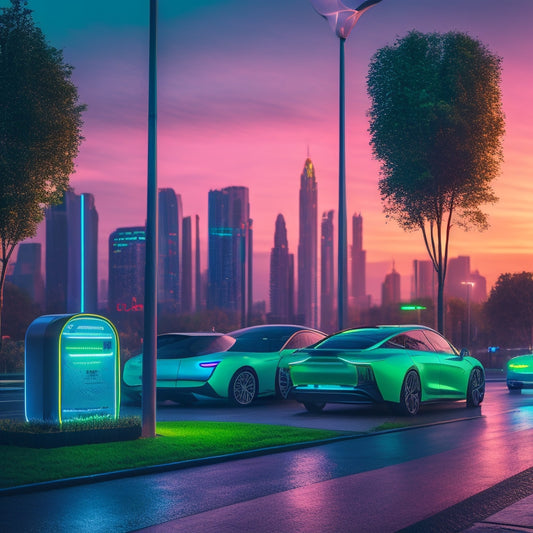 A futuristic cityscape at dusk, with sleek electric vehicles parked alongside modern charging stations, illuminated by neon lights and surrounded by lush greenery, conveying innovation and sustainability.