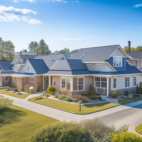 A serene suburban landscape with a mix of old and new houses, each with a unique solar panel installation, showcasing different angles, sizes, and mounting styles, against a bright blue sky with few white clouds.