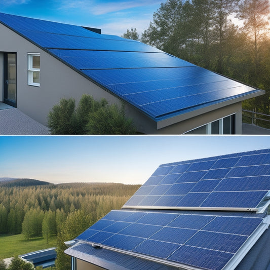 A split-screen image featuring a modern rooftop with sleek, dark solar tiles seamlessly integrated into the shingles on one side, and a traditional solar panel array with visible frames and mounts on the other.