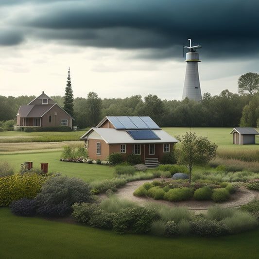A serene, eco-friendly homestead with a rooftop rainwater collection system, surrounded by lush greenery, featuring a wind turbine, solar panels, and a self-sustaining garden, set against a cloudy, rain-kissed sky.