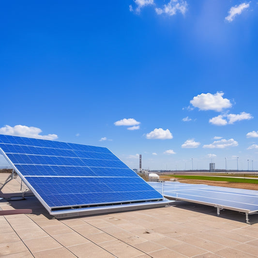 A bright blue sky with a few puffy white clouds, a large solar panel system installed on a commercial rooftop, and a laptop with a shopping cart icon on the screen.