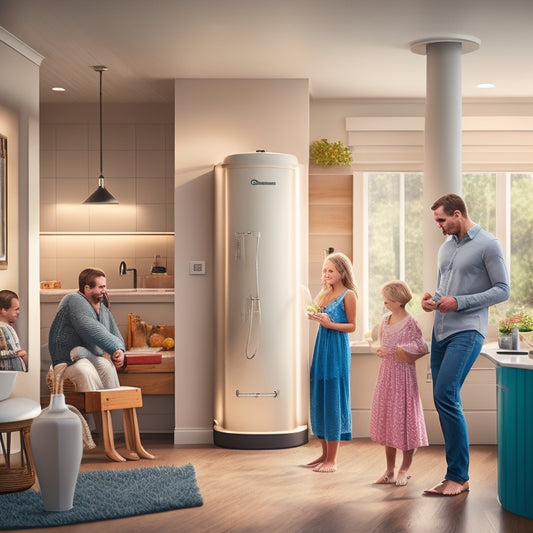 A warm and inviting illustration of a large, modern family home with a sleek, high-efficiency water heater in the background, surrounded by happy family members enjoying warm showers and baths.