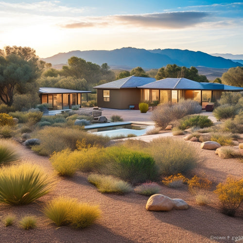 A serene, sun-kissed landscape with a modern solar-powered home in the background, surrounded by drought-resistant plants, a meandering dry creek bed, and a small, efficient irrigation system.