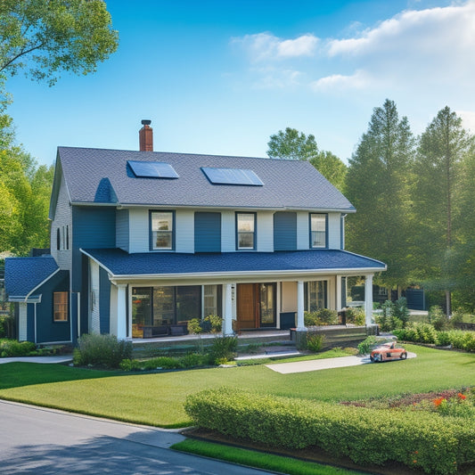 A serene suburban neighborhood with a mix of traditional and modern homes, featuring prominently a house with sleek black solar panels on its roof, surrounded by lush greenery and a bright blue sky.