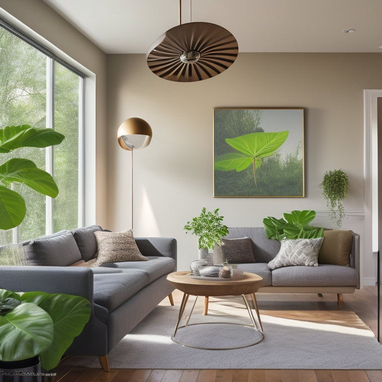 A serene, modern living room with lush greenery, featuring a sleek, minimalist ceiling fan with wooden blades, and a wall-mounted, touchless thermostat with a subtle, ambient glow.