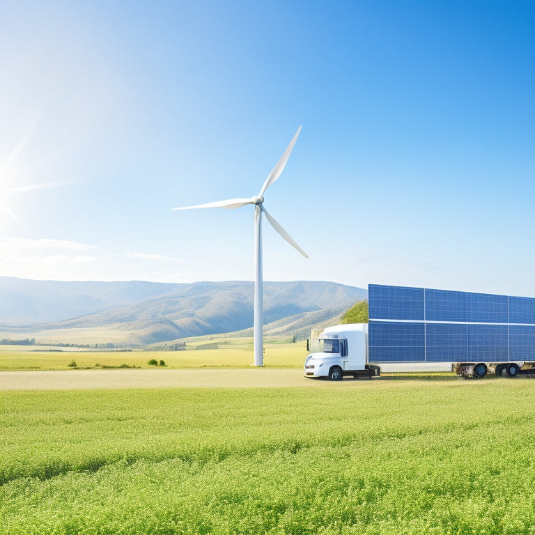 A sunny landscape with a large, modern wind turbine and solar panels installed on a fleet of trucks, surrounded by greenery and a bright blue sky with few white clouds.