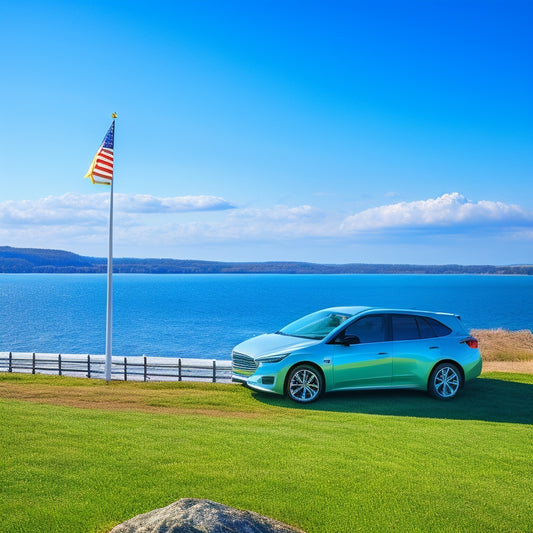 An illustration of a Maryland state flag waving in the wind, with an electric vehicle parked in front of a scenic Chesapeake Bay backdrop, surrounded by greenery and a bright blue sky.