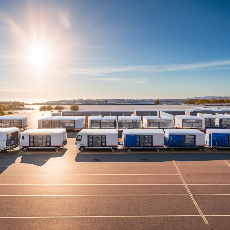 Aerial view of a fleet of vans or trucks parked in a row, each with a solar panel kit installed on the roof, with a bright blue sky and fluffy white clouds in the background.