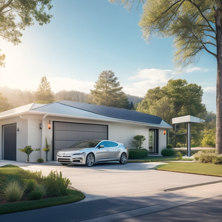 A modern suburban home with a sleek, silver electric vehicle parked in the driveway, a charging station installed beside it, surrounded by lush greenery and a sunny blue sky.