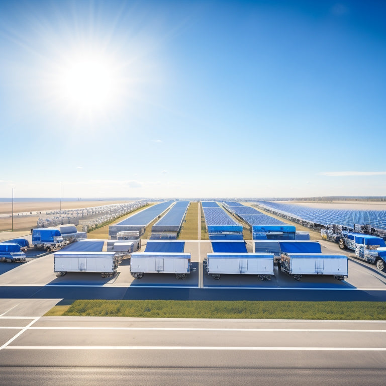 An illustration of a fleet of trucks parked in a large, open lot, with solar panels installed on the rooftops of the trucks, under a bright blue sky with fluffy white clouds.