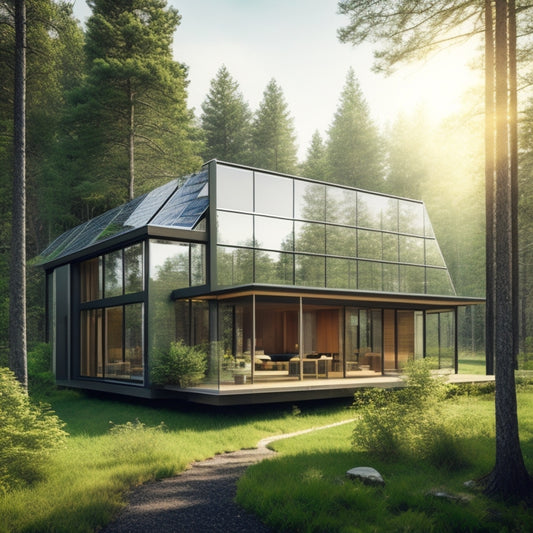 Generate an image of a modern, sustainable home with large, triple-glazed windows reflecting a lush green forest, surrounded by solar panels and a living roof, on a sunny day.