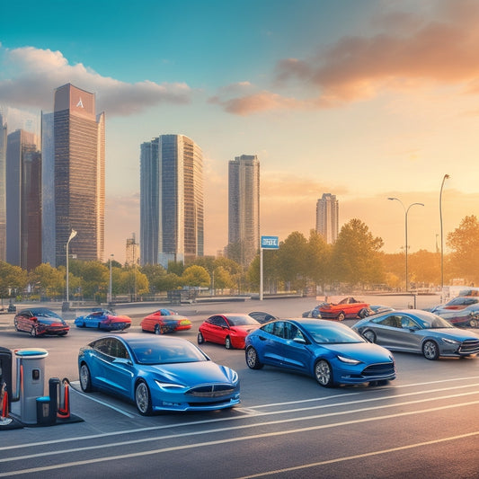 An illustration of a cityscape with various types of electric vehicle charging stations, including Level 2, DC Fast Charging, and Tesla Superchargers, alongside a fleet of diverse vehicles, including cars, trucks, and buses.