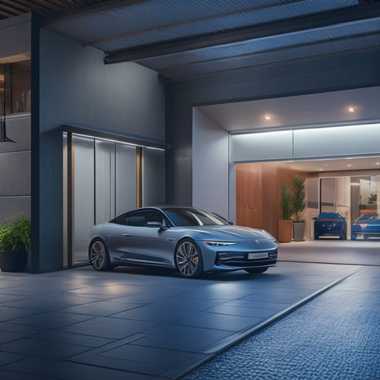 An interior scene of a modern garage with a sleek electric vehicle parked in front of a large window, automated blinds partially open, and a subtle glow of LED lights on the blind's control panel.