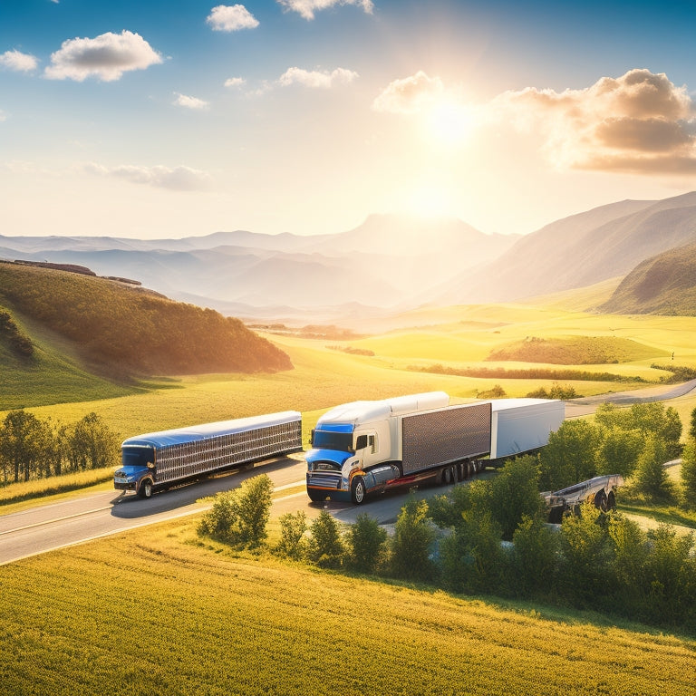 A futuristic, sunny landscape featuring a fleet of trucks equipped with various renewable energy solutions, including solar panels, wind turbines, and hydrogen fuel cells, amidst a backdrop of rolling hills and greenery.