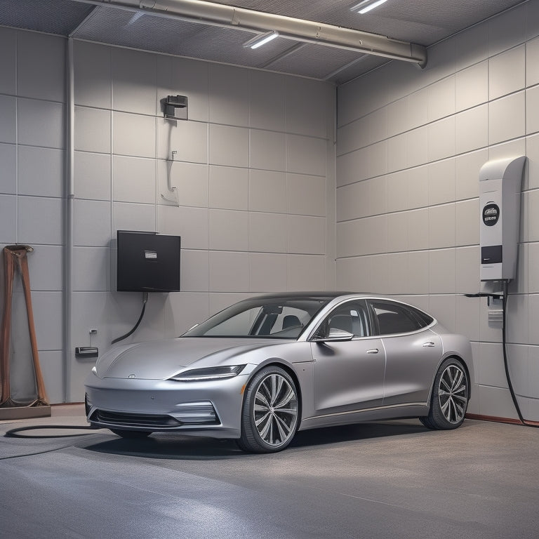 An image depicting a sleek, silver electric vehicle parked in a modern, well-lit garage, with a shiny, wall-mounted EV charger prominently displayed on the wall beside it.