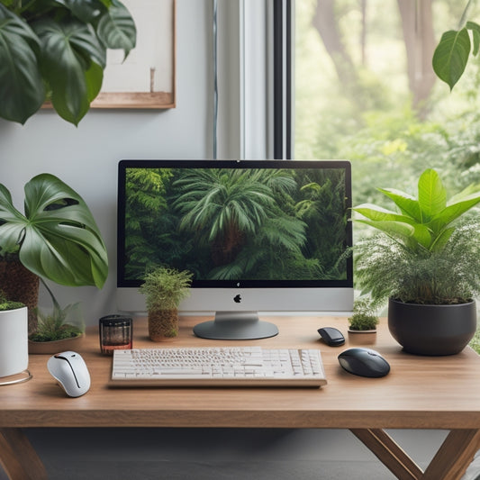 A serene office scene with a minimalist desk, a laptop, and eco-friendly wireless peripherals like a mouse, keyboard, and headphones, surrounded by lush green plants and a subtle background of a recycling symbol.