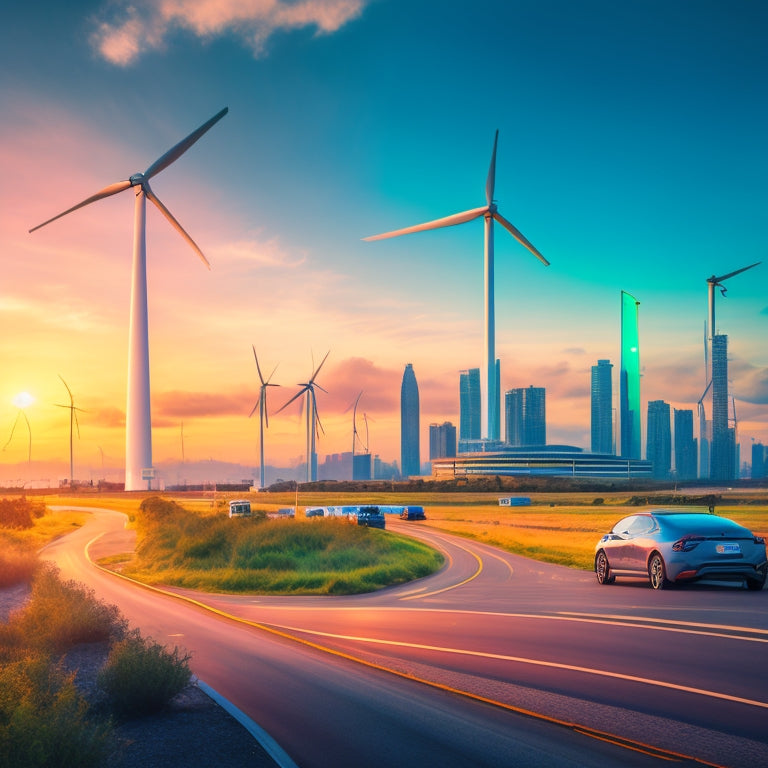 A futuristic cityscape at dusk with sleek, electric vehicles speeding by, surrounded by lush greenery and wind turbines, set against a bright blue sky with a few wispy clouds.