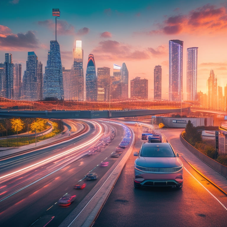 A futuristic cityscape at dusk with sleek electric vehicles parked along a curved road, surrounded by glowing charging stations, neon-lit skyscrapers, and a subtle grid of electric circuits in the background.