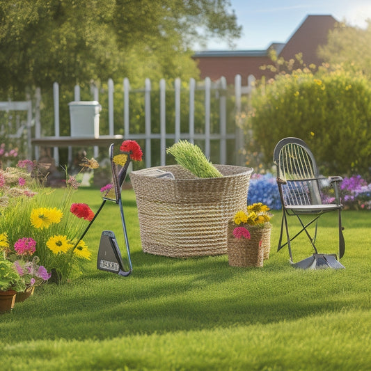 An serene, sun-drenched lawn with lush green grass, vibrant wildflowers, and a few strategically placed solar-powered lawn care tools, surrounded by a white picket fence and a few eco-friendly gardening gloves.