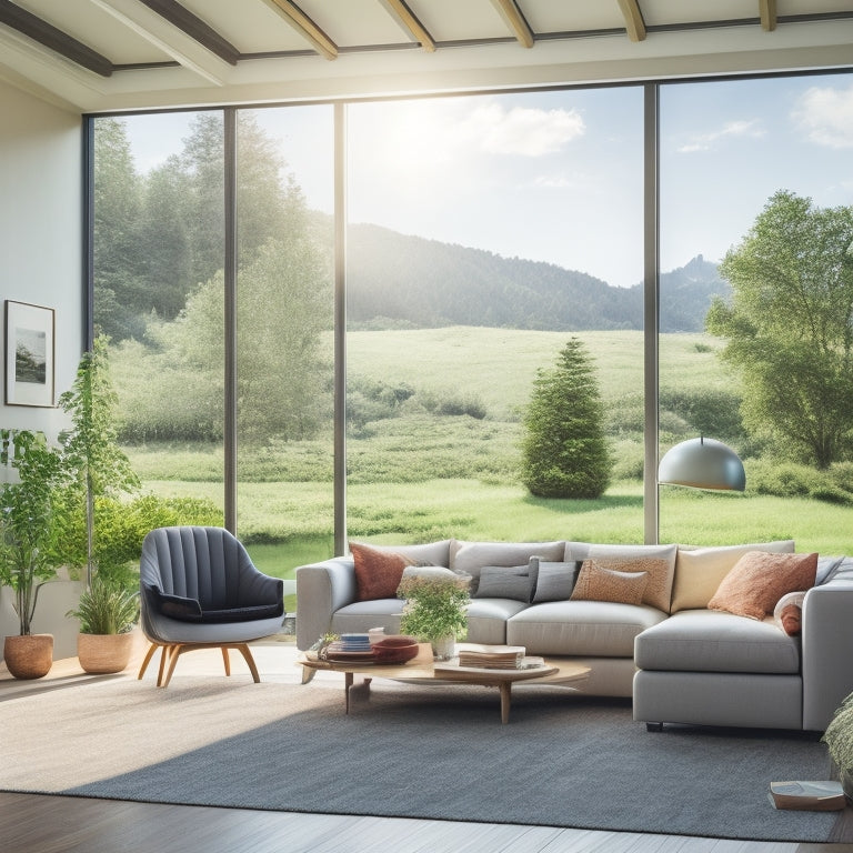 A serene, modern living room with a large window showcasing a lush green landscape, featuring a sleek battery system in the corner, surrounded by lush greenery and a few solar panels on the roof.