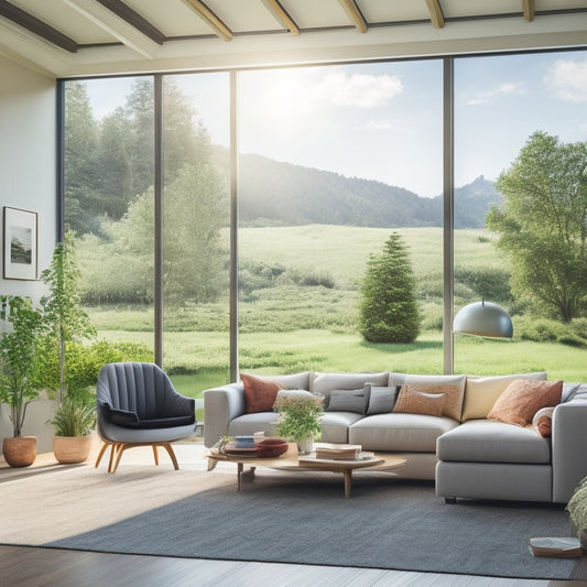 A serene, modern living room with a large window showcasing a lush green landscape, featuring a sleek battery system in the corner, surrounded by lush greenery and a few solar panels on the roof.