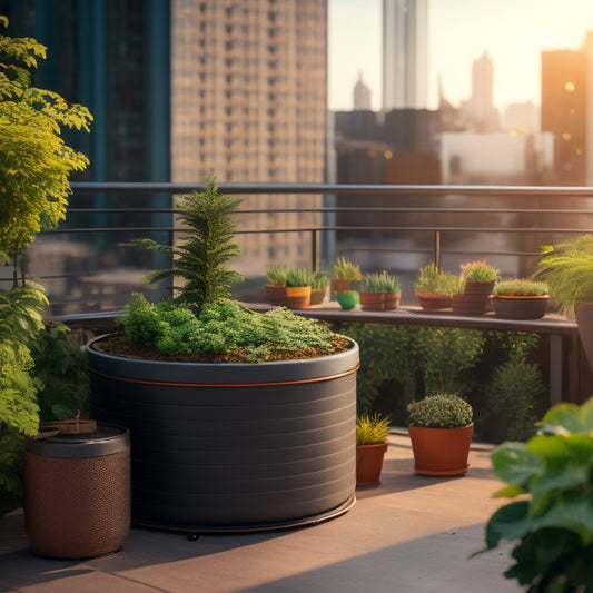 A serene urban balcony featuring 3-4 compact composters of varying designs (e.g., vertical, spiral, and cylindrical) amidst lush greenery, with a cityscape blurred in the background.