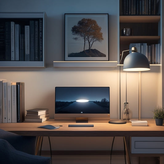 A modern home office with a sleek, minimalist desk, topped with a slim, silver LED desk lamp casting a warm, focused glow on a laptop and scattered papers, surrounded by a blurred background of bookshelves.