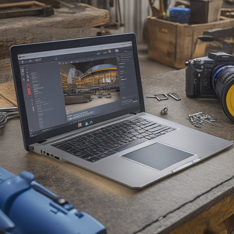 A close-up of a person's hands holding a Prime Mover PMX manual, with an Ebay laptop screen in the background displaying a seller's offer, surrounded by scattered tools and machinery parts.