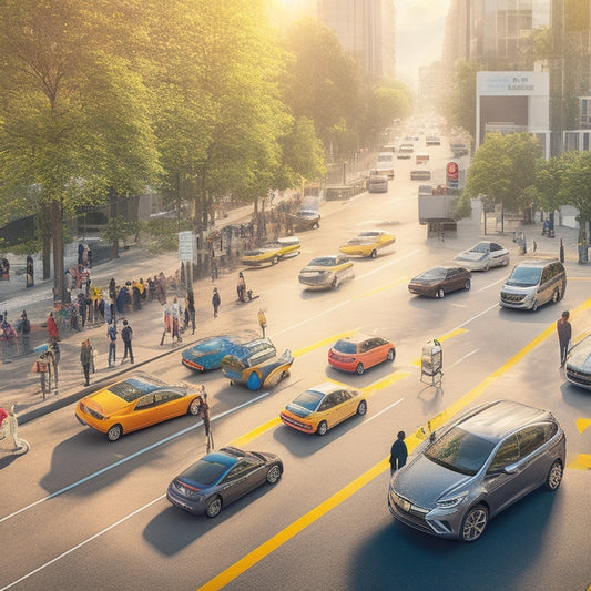 An illustration of a bustling cityscape with multiple electric vehicles parked at various angles, surrounded by strategically placed charging stations of different designs, amidst pedestrians, cyclists, and trees.