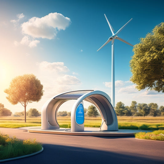 A futuristic EV charging station with sleek, curved solar panels and wind turbines in the background, surrounded by lush greenery and a clear blue sky.