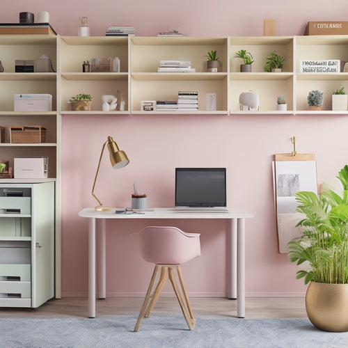 A clutter-free home office with a sleek desk, a laptop, and a minimalist chair, surrounded by various battery storage solutions, including wall-mounted units, shelves, and compact boxes, in a calming, pastel-colored environment.