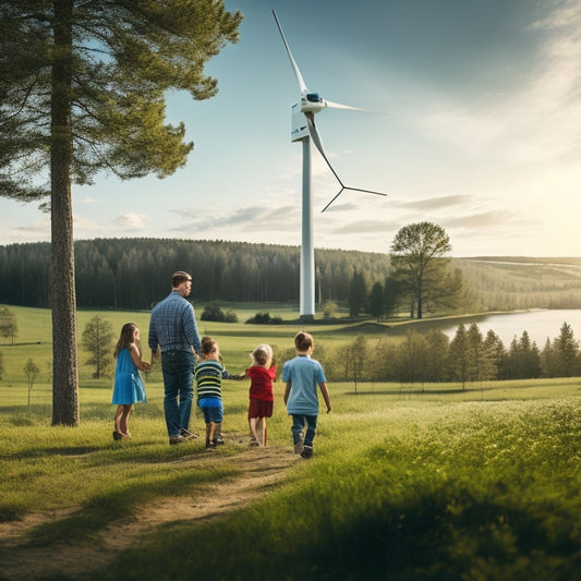 A serene landscape with a wind turbine and solar panels in the background, a thriving green forest in the middle, and a thriving family with happy children playing in the foreground.